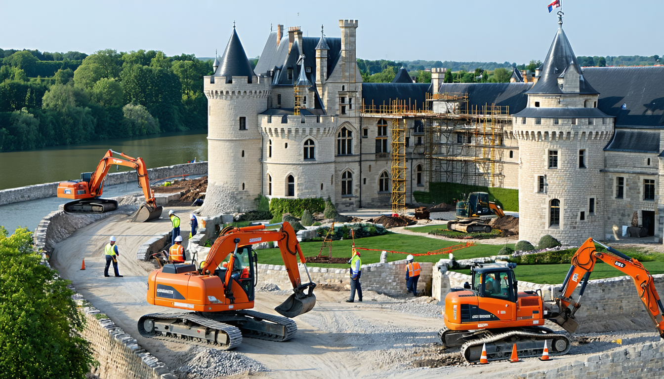 découvrez les dernières rénovations du château royal d'amboise, où des machines de chantier s'affairent pour redonner vie à ce patrimoine historique. un projet ambitieux qui allie modernité et tradition dans un cadre exceptionnel.