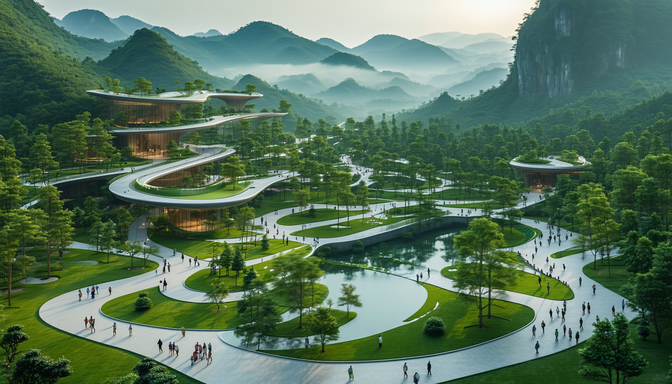 explorez le parc forestier de huishan mountain à wuxi, en chine, un chef-d'œuvre de design paysager signé sasaki. profitez de paysages naturels époustouflants et d'activités en plein air tout en découvrant l'harmonie entre la nature et le design moderne.